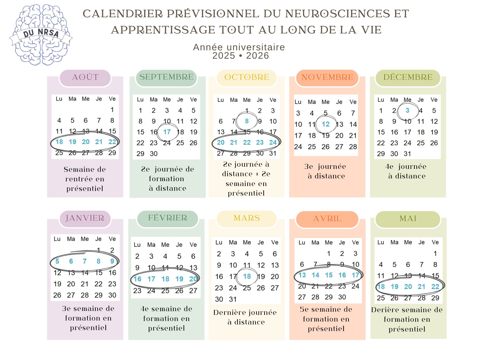 Calendrier 2025-2026 du DU NRSA